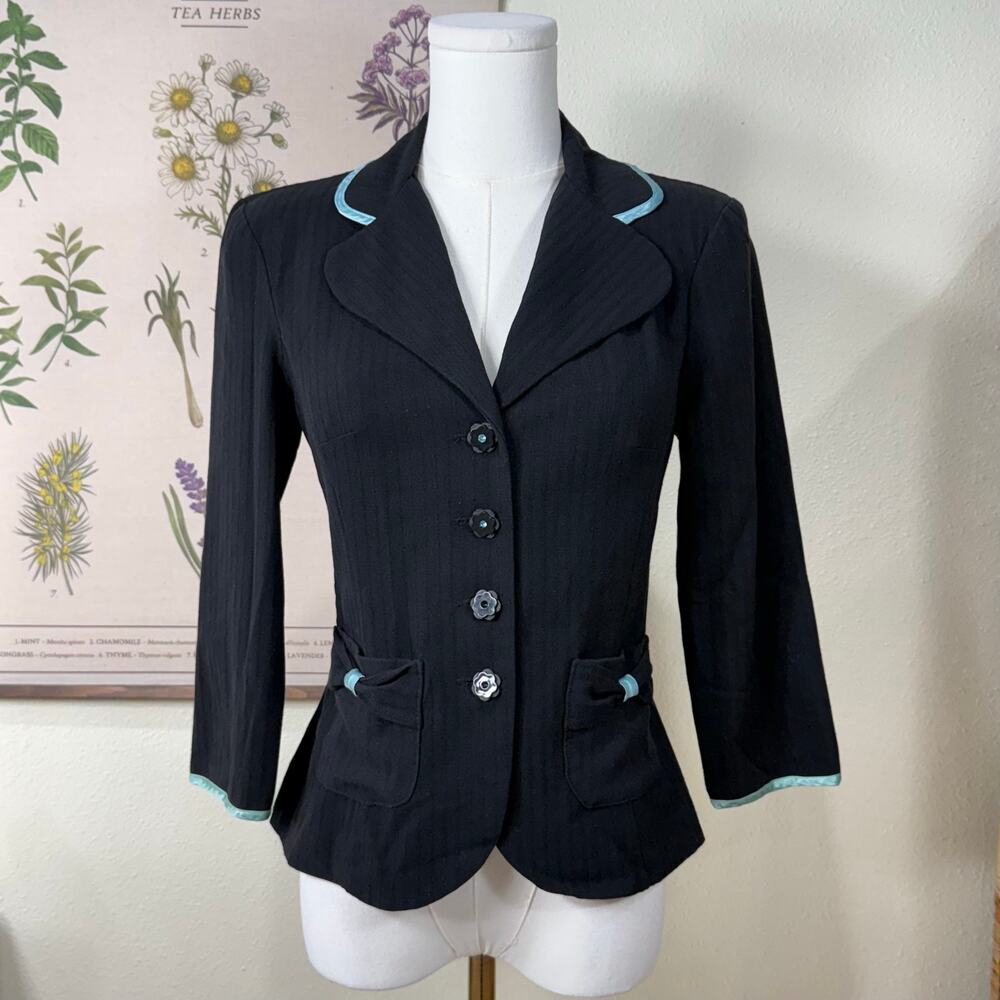 90s Y2k Pinstripe Flower Button Bow Blazer Jacket Dark Coquette Office Siren S